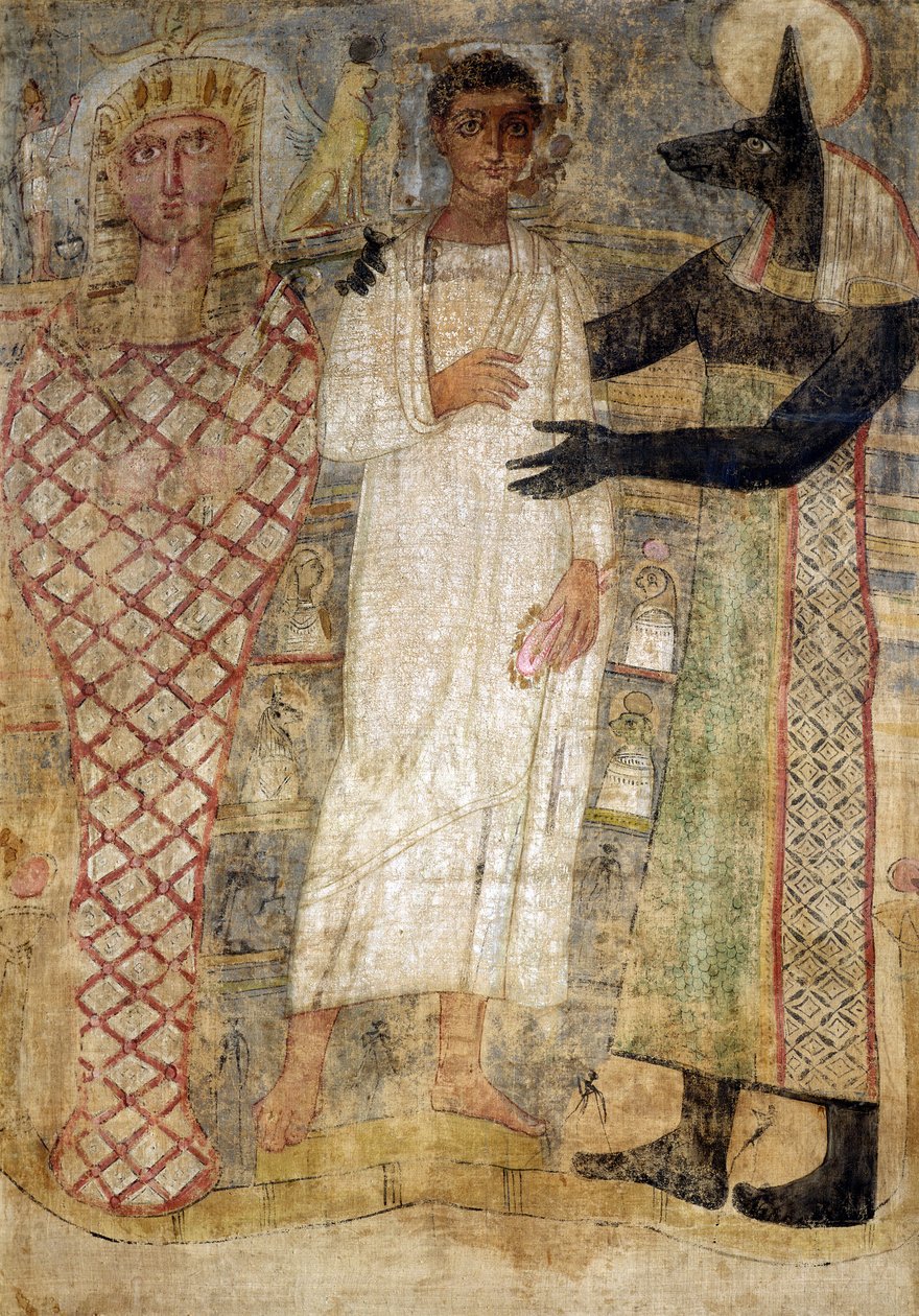 O falecido e sua múmia protegida por Anubis (cera encáustica sobre linho) de Coptic