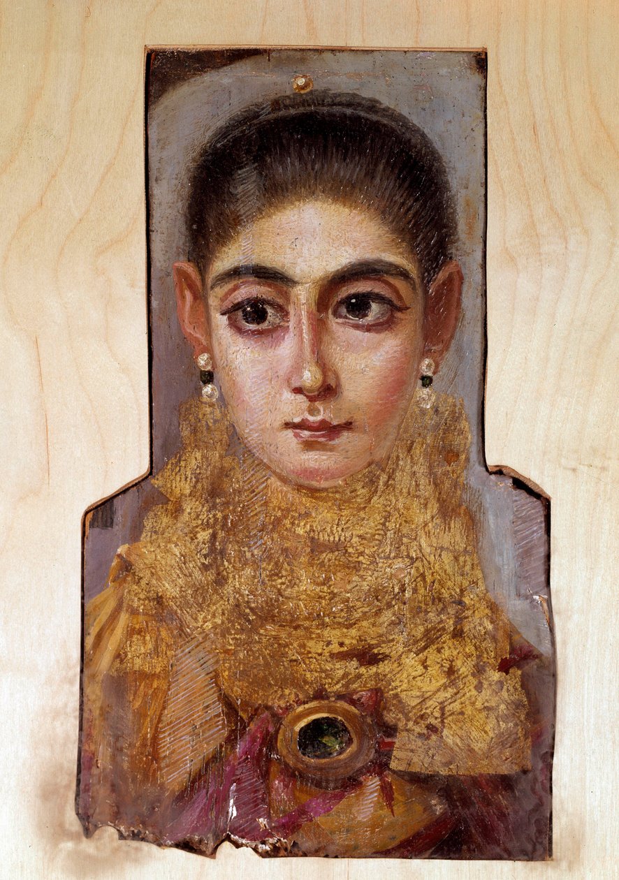 Arte copta: jovem mulher chamada Fayoum (Fayum) (cerca de 160 d.C.) Pintura de cera sobre madeira. Paris, Museu do Louvre de Coptic