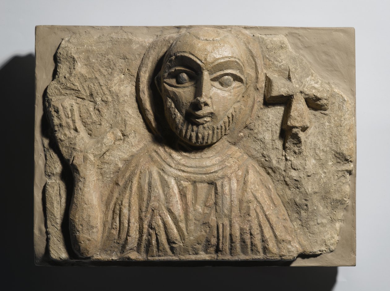 Busto de um santo, do Egipto, século IV-5 (pedra calcária pintada) de Coptic Coptic