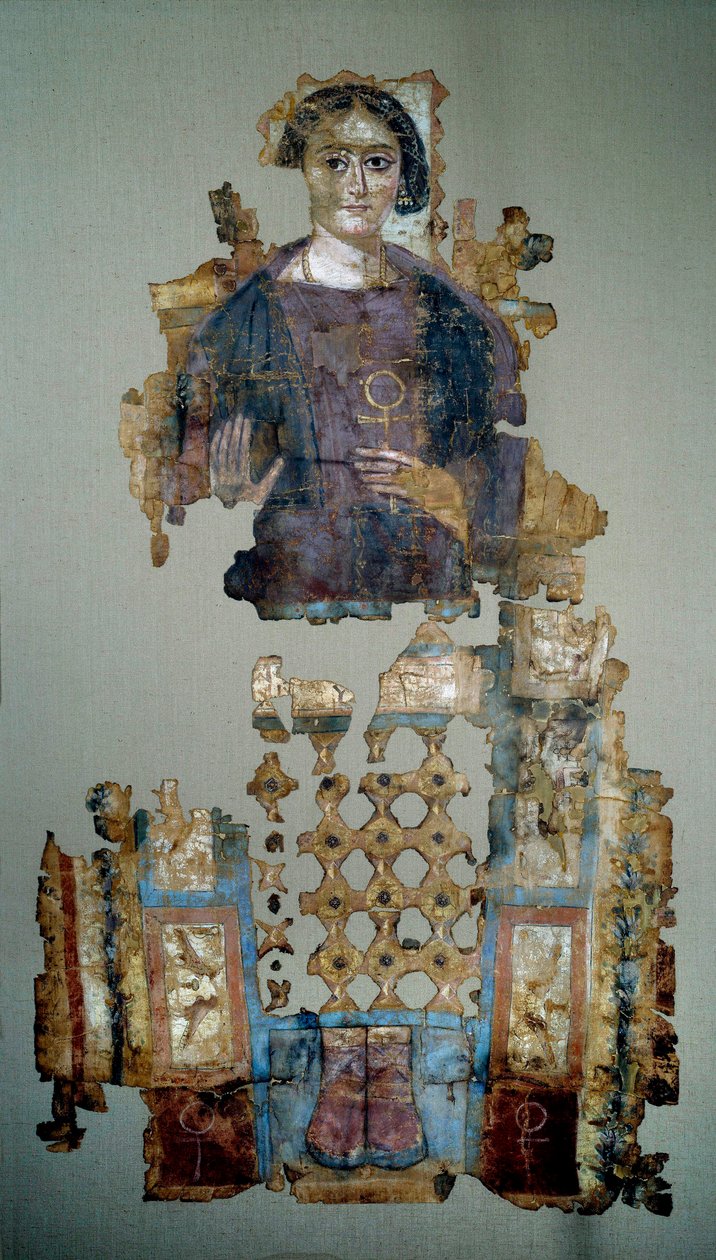 Arte copta: fragmento de manto de linho pintado retratando uma jovem mulher chamada a senhora uma cruz an seee. De Antinoupolis. Século IV d.C. Paris, Museu do Louvre de Coptic Coptic