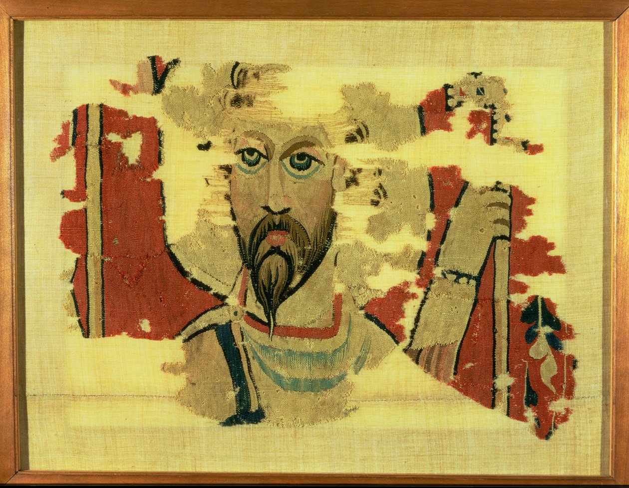 Tecido pendurado representando a cabeça de St. Theodore, de Akhmim, Egito, c.500-600 (tapeçaria de lã) de Coptic Coptic