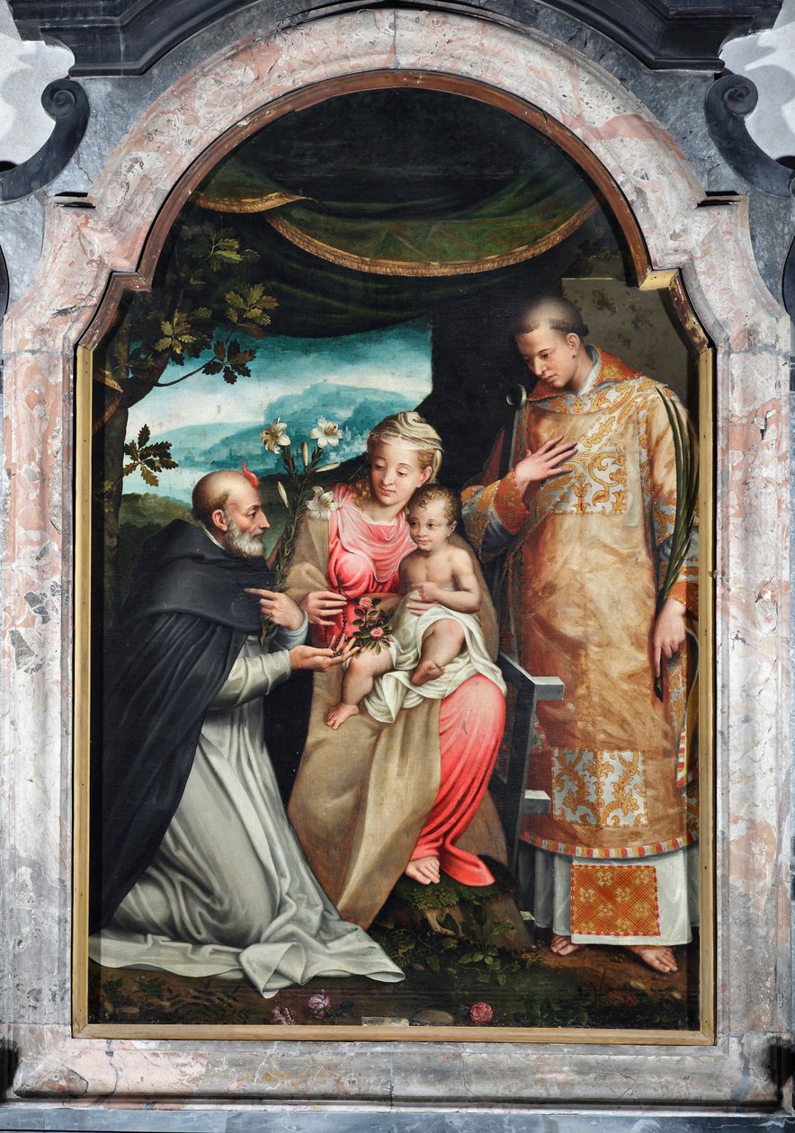 Virgem e o Menino entre São Vicente Ferrier (1350-1419) e São Vicente de Saragoça (século IV) (Virgem com criança com Vicente de Saragoça e Vicente Ferrer) Pintura de Coriolano Malagavazzo (século XVI) 1595 Capela dos Elatellani, Basílica de Coriolano Malagavazzo