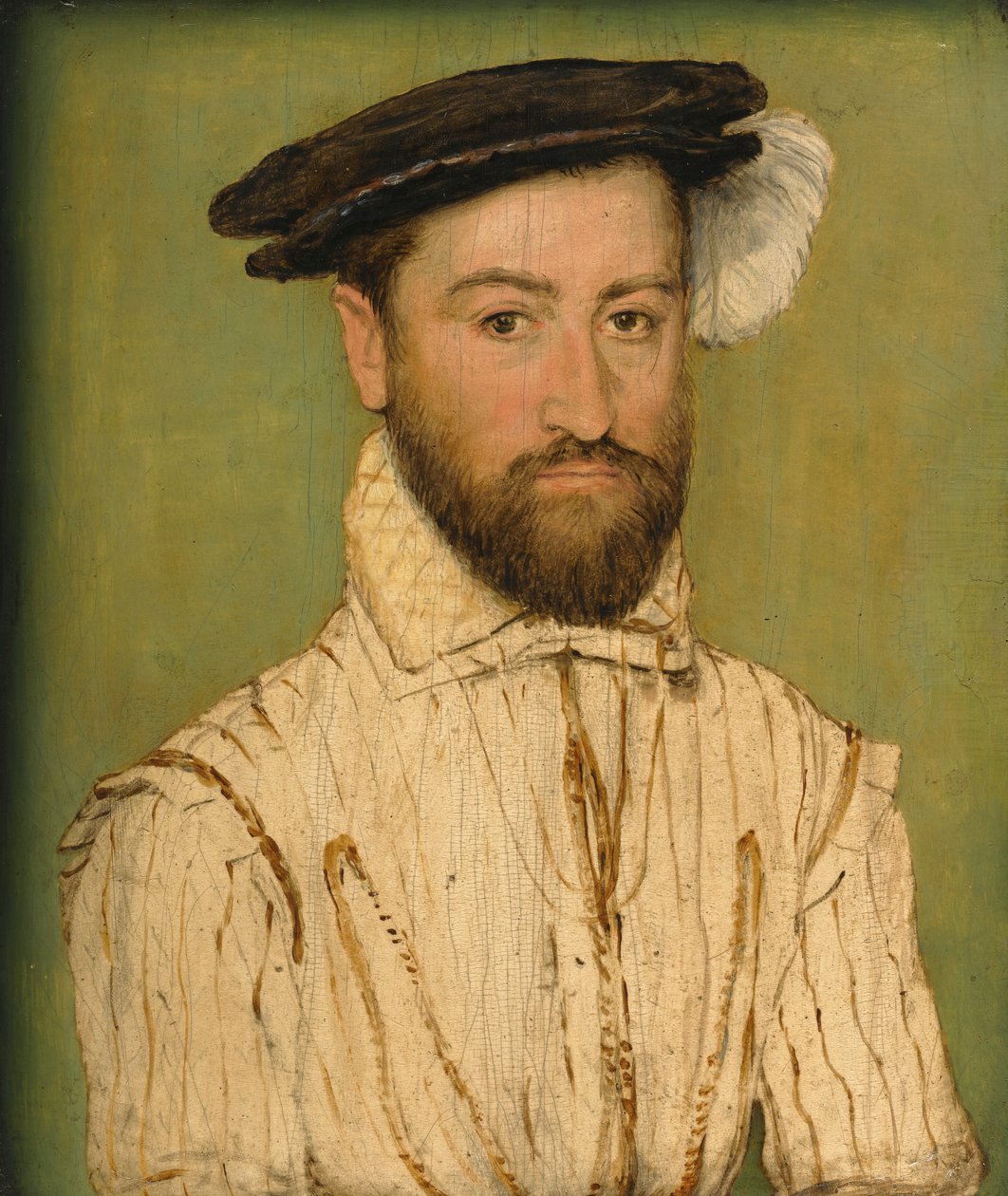 Retrato de um cavalheiro barbudo, em uma boina preta com plumagem branca de Corneille de Lyon