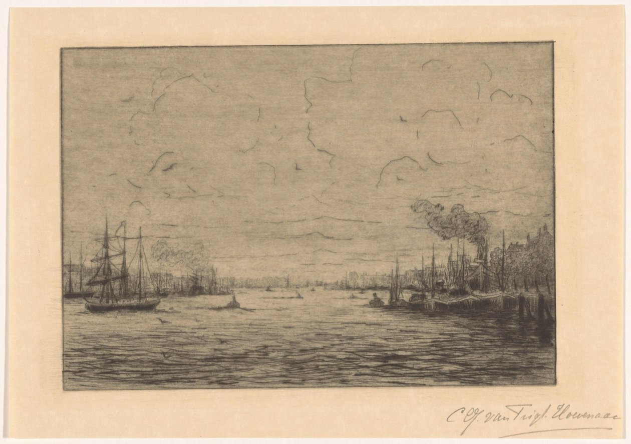 Vista do rio Maas perto de Roterdão de Cornelia Christina Johanna van Trigt Hoevenaar (signed by artist)