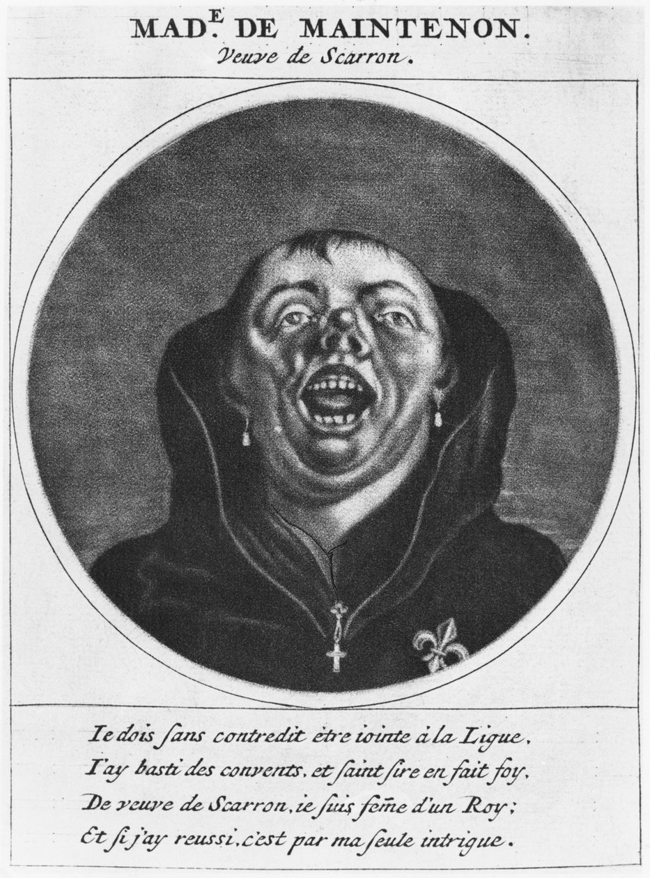 Caricatura Protestante de Madame de Maintenon, ilustração de "Os Heróis da Liga ou A Procissão de Monge, liderada por Luís XIV, pela conversão dos protestantes do seu reino", Paris, Che de Cornelis and Gole, Jacob Dusart