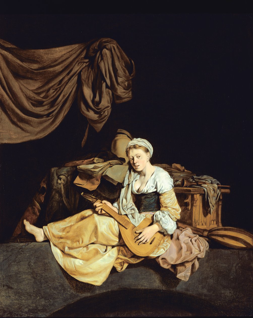 Mulher jovem, jogando um bandolim de Cornelis Pietersz Bega