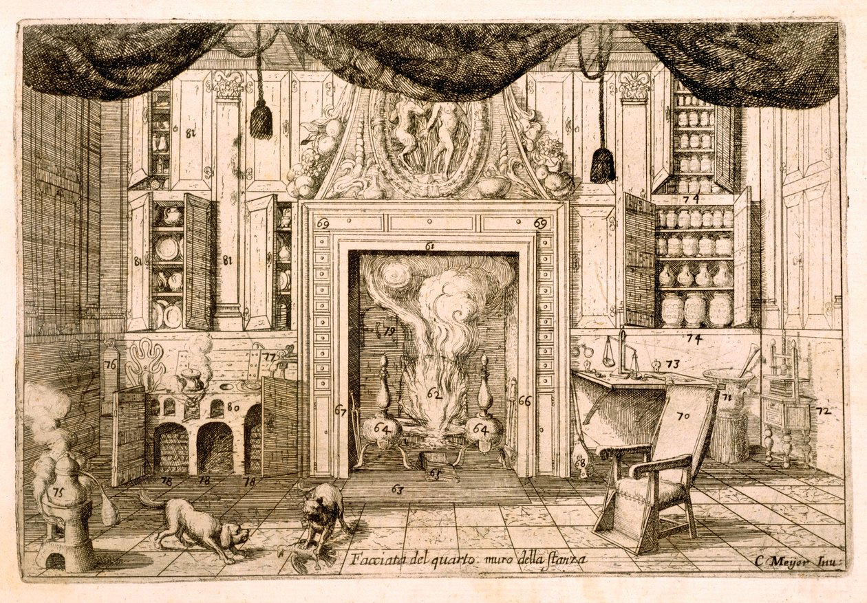 Interior, sala de estar de Cornelio Meyer &39;New Finds&39; 1696, gravura a água-forte de Cornelis Jansz. Meyer