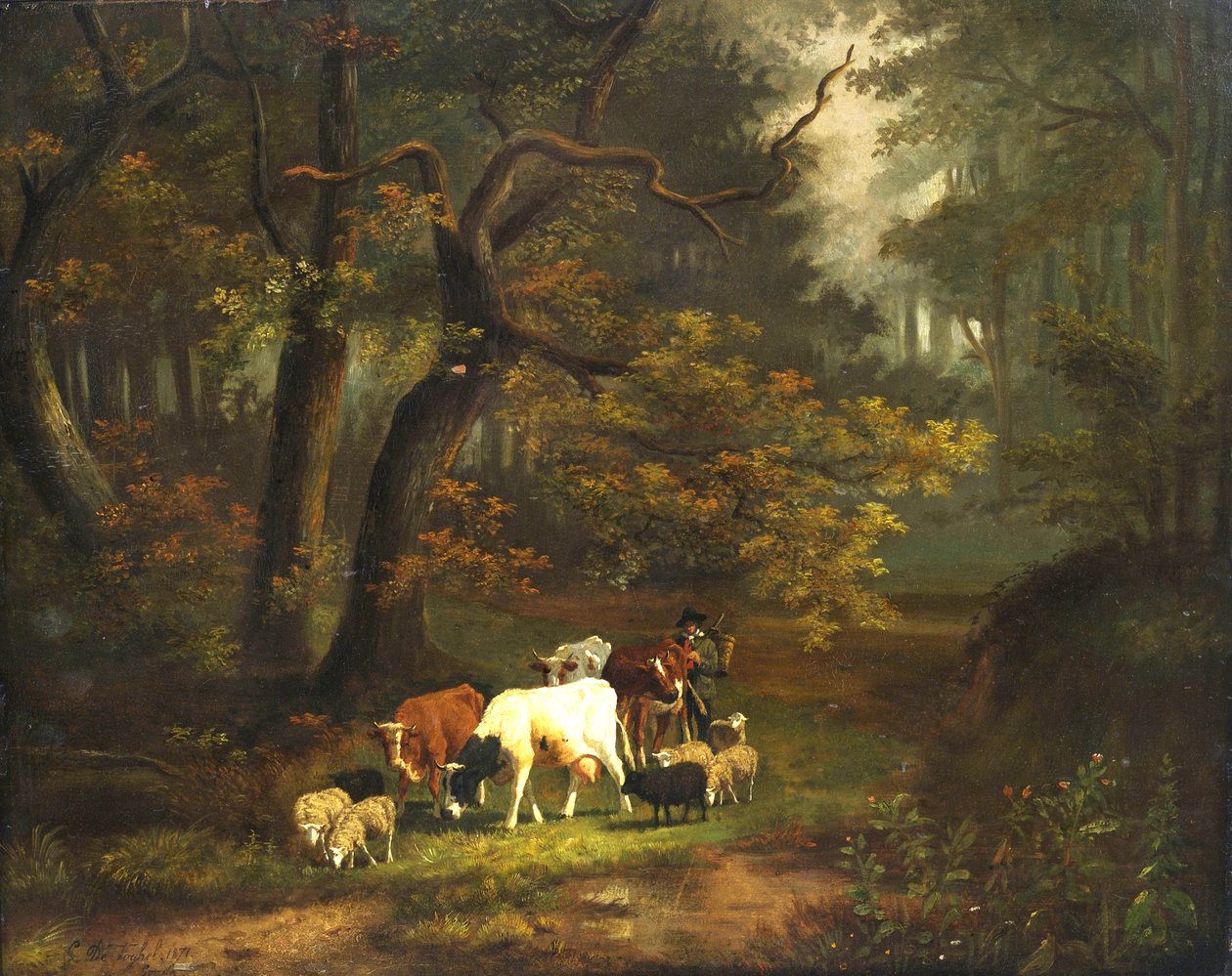 Coração da floresta com vaca pequena e rebanho dos carneiros. de Cornelis Johannes de Vogel