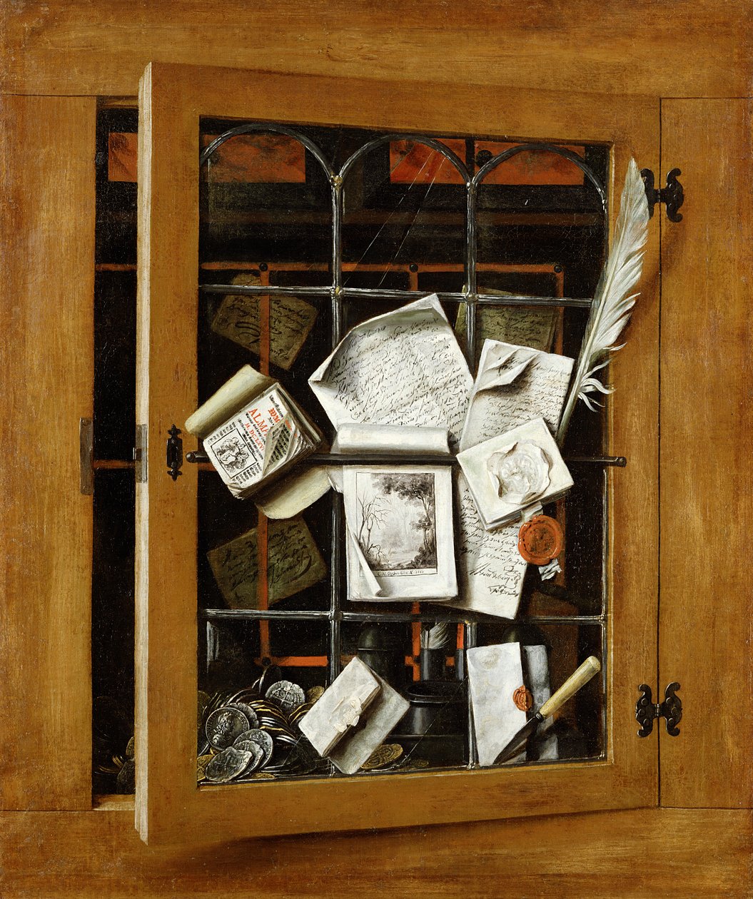 Um trompe l&39;oeil de uma porta de armário envidraçada aberta, com vários papéis e objetos, 1666 de Cornelis Norbertus Gysbrechts