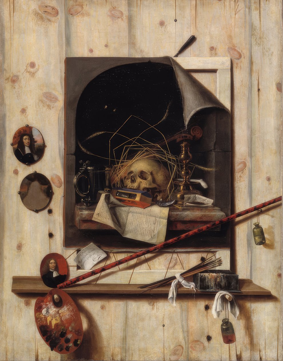 Trompe l&39;oeil com Studio Wall e Vanitas Still Life. Data - período: 1668. Pintura. Óleo sobre tela. Altura: 1.520 mm (59,84 pol); Largura: 1.180 mm (46,45 pol.). Künstler: CORNELIS NORBERTUS GYSBRECHTS. Lage: statens museum for kunst de Cornelis Norbertus Gysbrechts