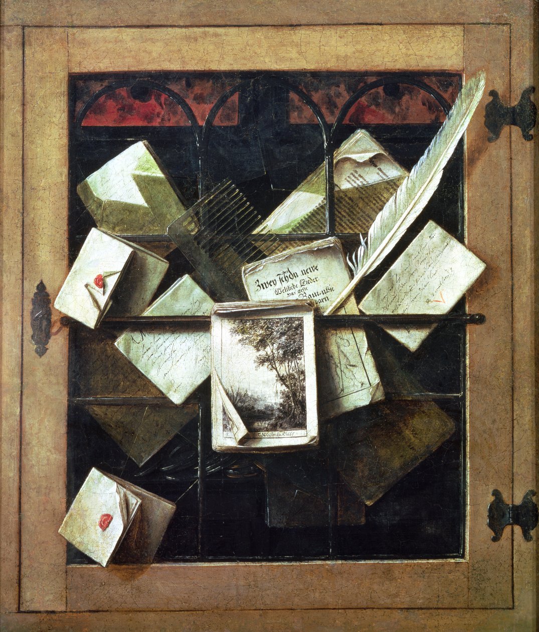 Trompe l&39;oeil com letras e cadernos, 1665 de Cornelis Norbertus Gysbrechts