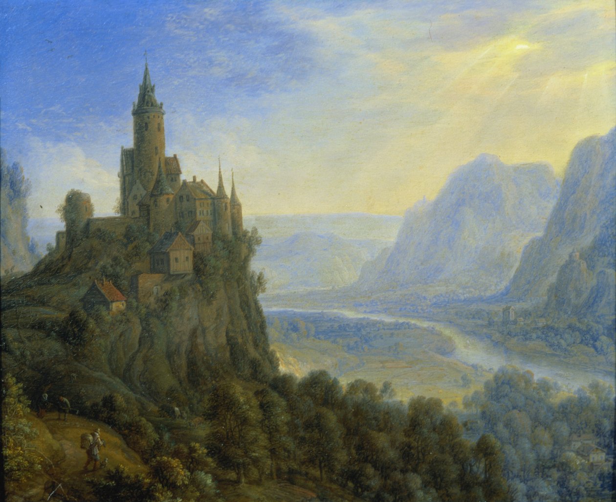 Paisagem montanhosa com um castelo de Cornelis Saftleven