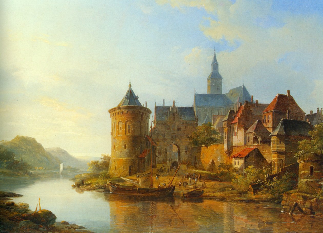 Uma visão de uma cidade ao longo do Reno de Cornelis Springer