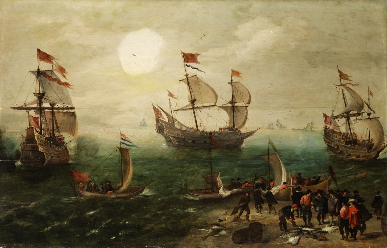 Peça naval com três grandes navios à vela de Pieter Cornelisz. Verbeeck