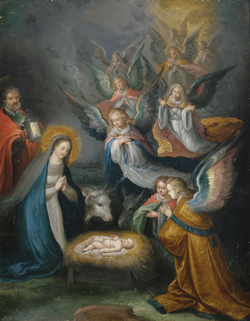 A Sagrada Família com anjos em adoração da criança de Cornelis de Baellieur