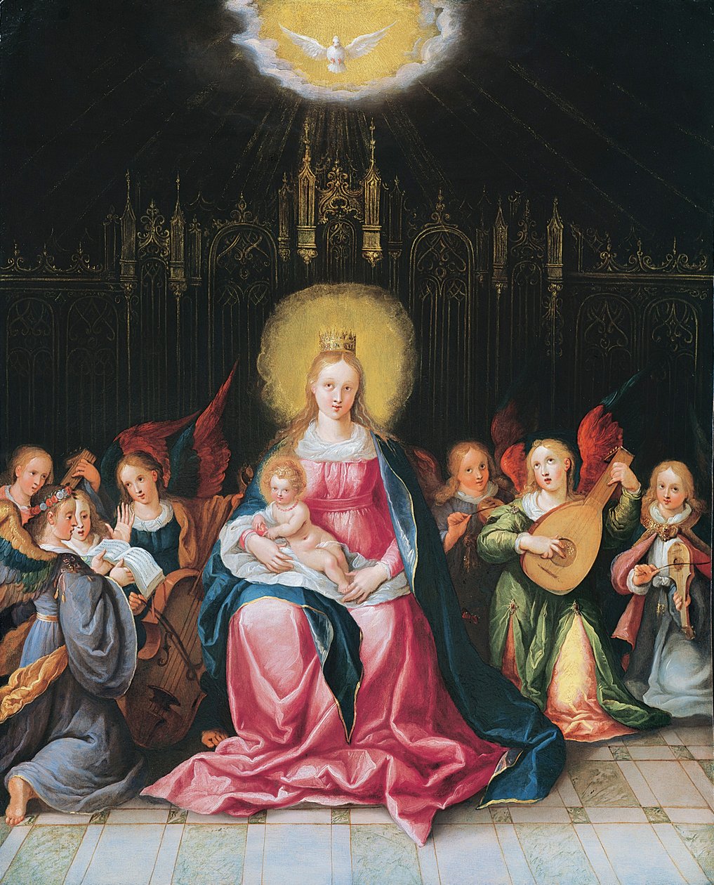 A Virgem e o Menino cercados por sete anjos musicais (óleo sobre cobre) de Cornelis de Baellieur