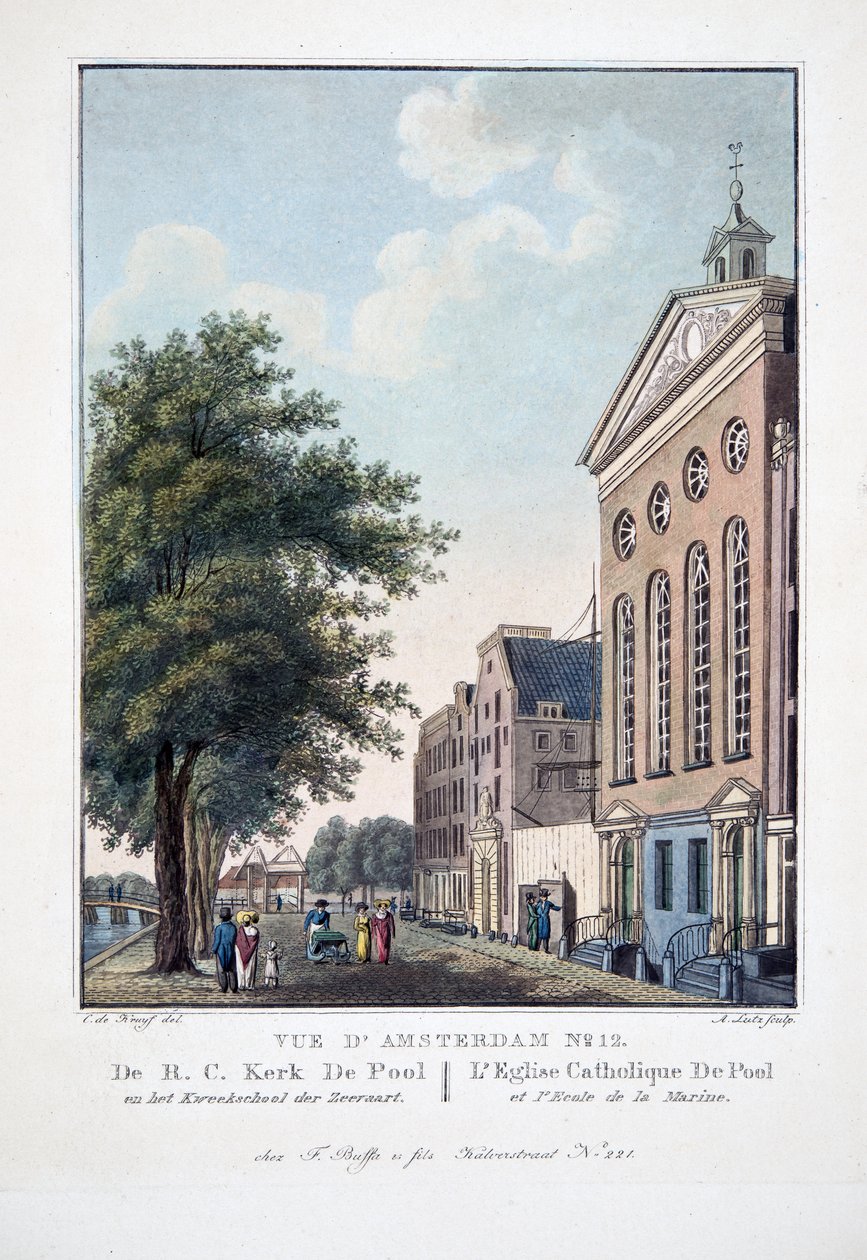 Vista de Amesterdão No.12. De RC Kerk De Pool em Het Kweekschool der Zeeraart. A Piscina da Igreja Católica e a Escola da Marinha, 1825 (gravura colorida à mão) de Cornelis de Kruyff
