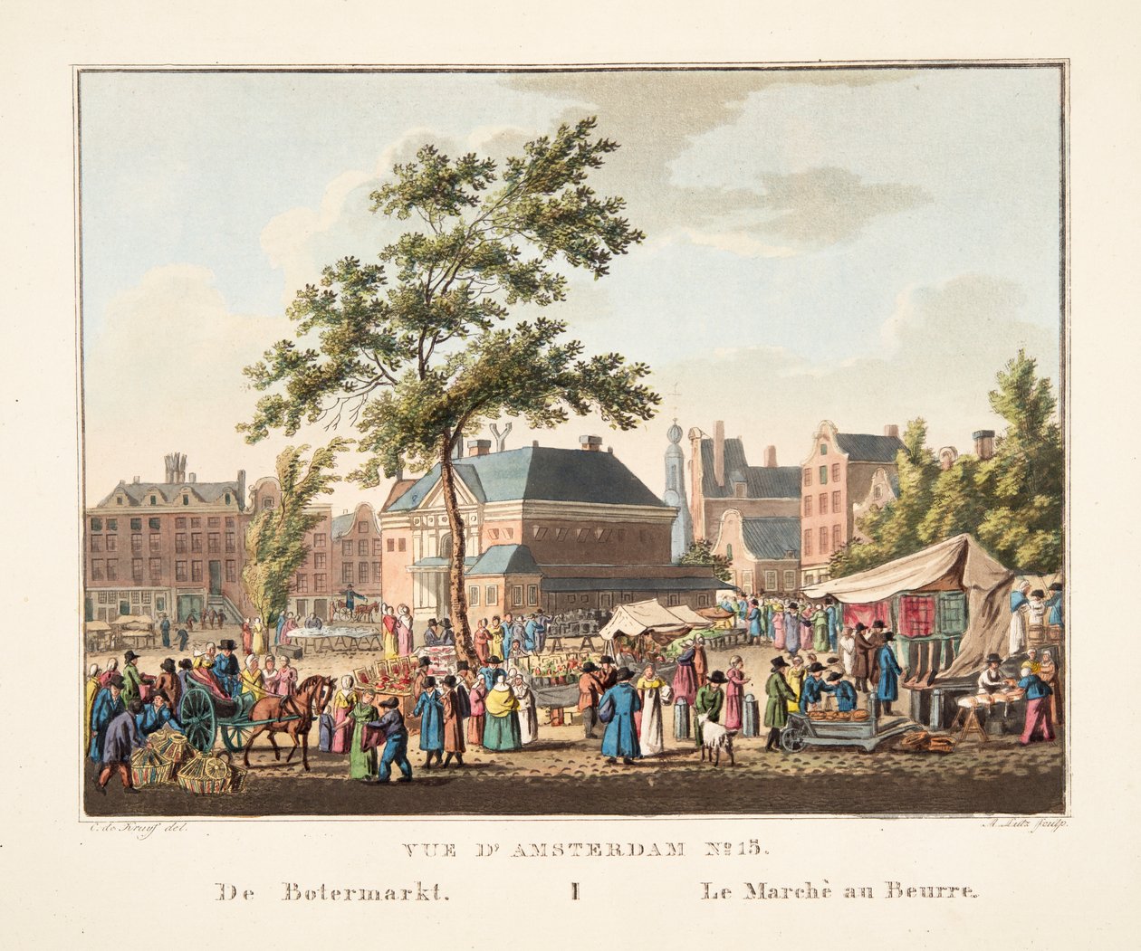 Vista de Amsterdã No.15. De Botermarkt. O mercado da manteiga, 1825 (gravura colorida à mão) de Cornelis de Kruyff