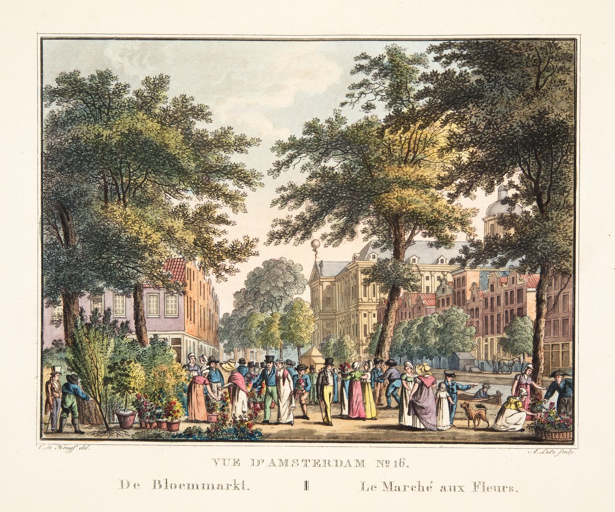 Vista de Amsterdã No.16. De Bloemmarkt. O Mercado das Flores, 1825 (gravura colorida à mão) de Cornelis de Kruyff