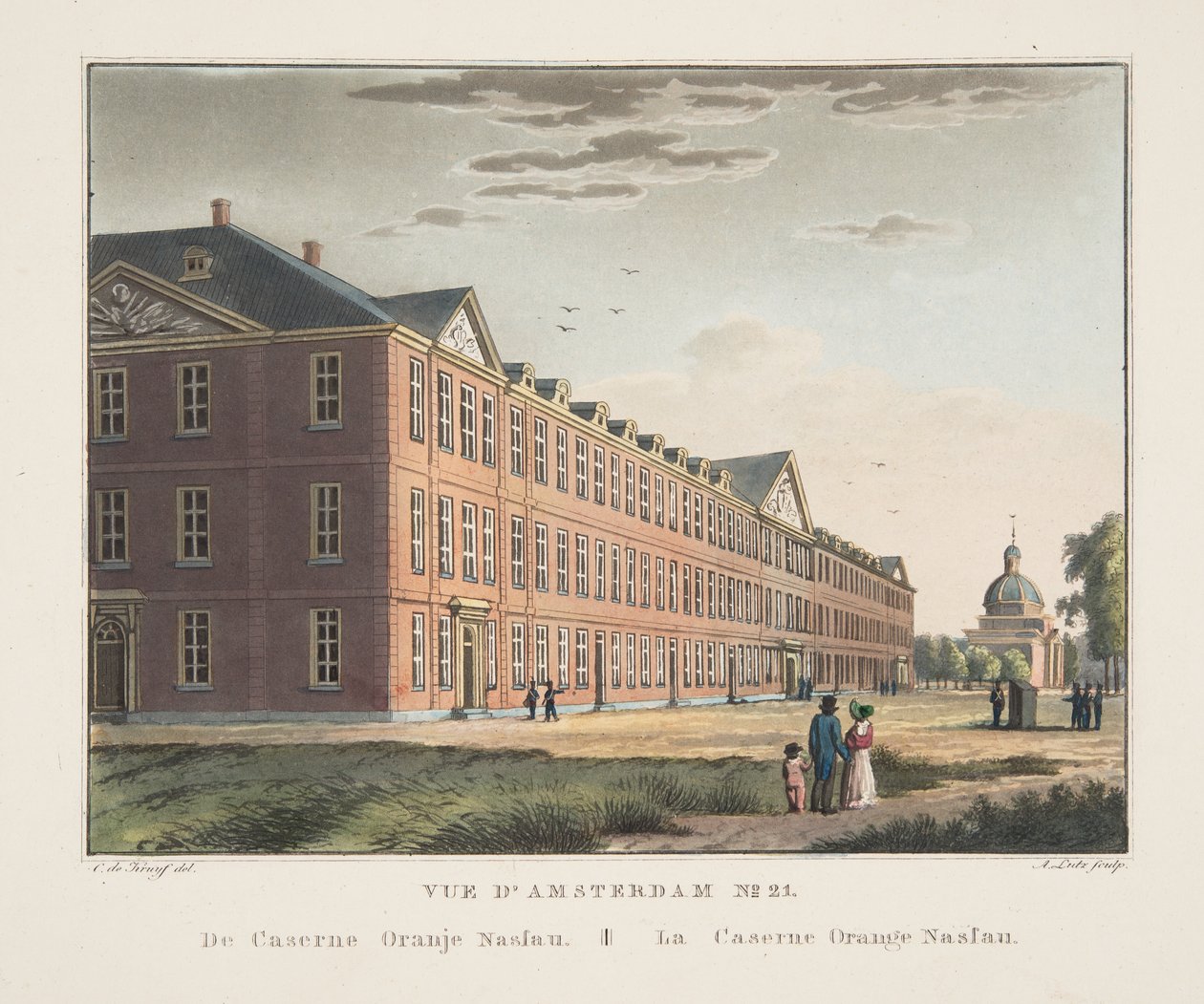 Vista de Amsterdã No.21. De Caserne Oranje Nassau. O Orange Nassau Barracks, 1825 (gravura colorida à mão) de Cornelis de Kruyff