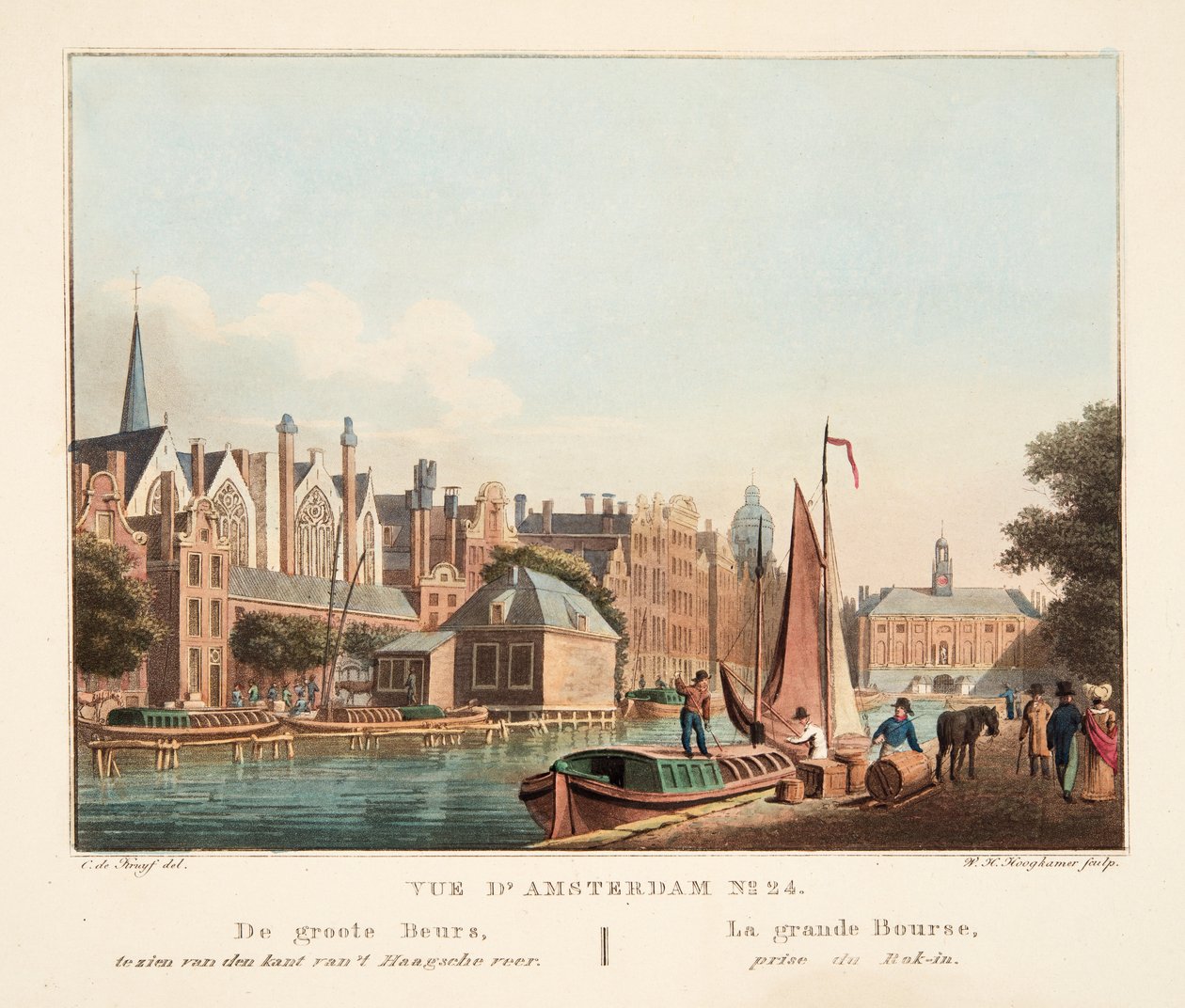Vue d&39;Amsterdam No.24. A grande Feira, vista do lado da veia da Kaagsche. La Grande Bourse, Prémio do Rok-in, 1825 (gravura à mão) de Cornelis de Kruyff