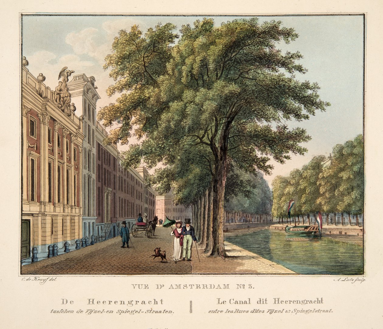 Vue d&39;Amsterdam No.3. O Heerengracht entre o Vijzel e Spegel-Straaten. Le Canal este Heerengracht entre les Dues vijzel e Spiegelstraat, 1825 (gravura colorida à mão) de Cornelis de Kruyff
