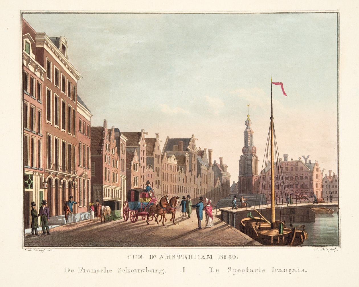Vista de Amesterdão No.30. De Fransche Schouwburg. O Espetáculo Francês, 1825 (gravura colorida à mão) de Cornelis de Kruyff