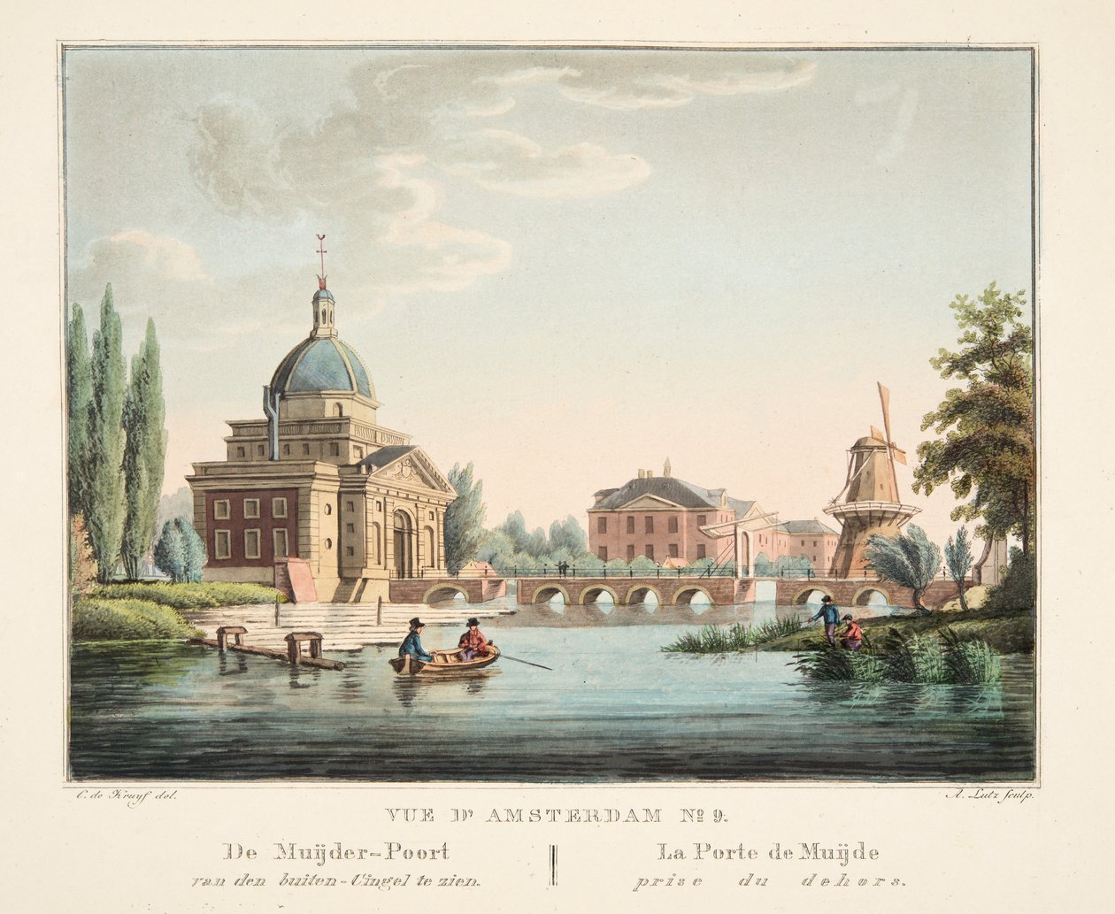 Vue d&39;Amsterdam No.9. O Portão Muijder pode ser visto fora do Cingel. La Porte de Muijde Prémio dos Dehors, 1825 (gravura à mão) de Cornelis de Kruyff