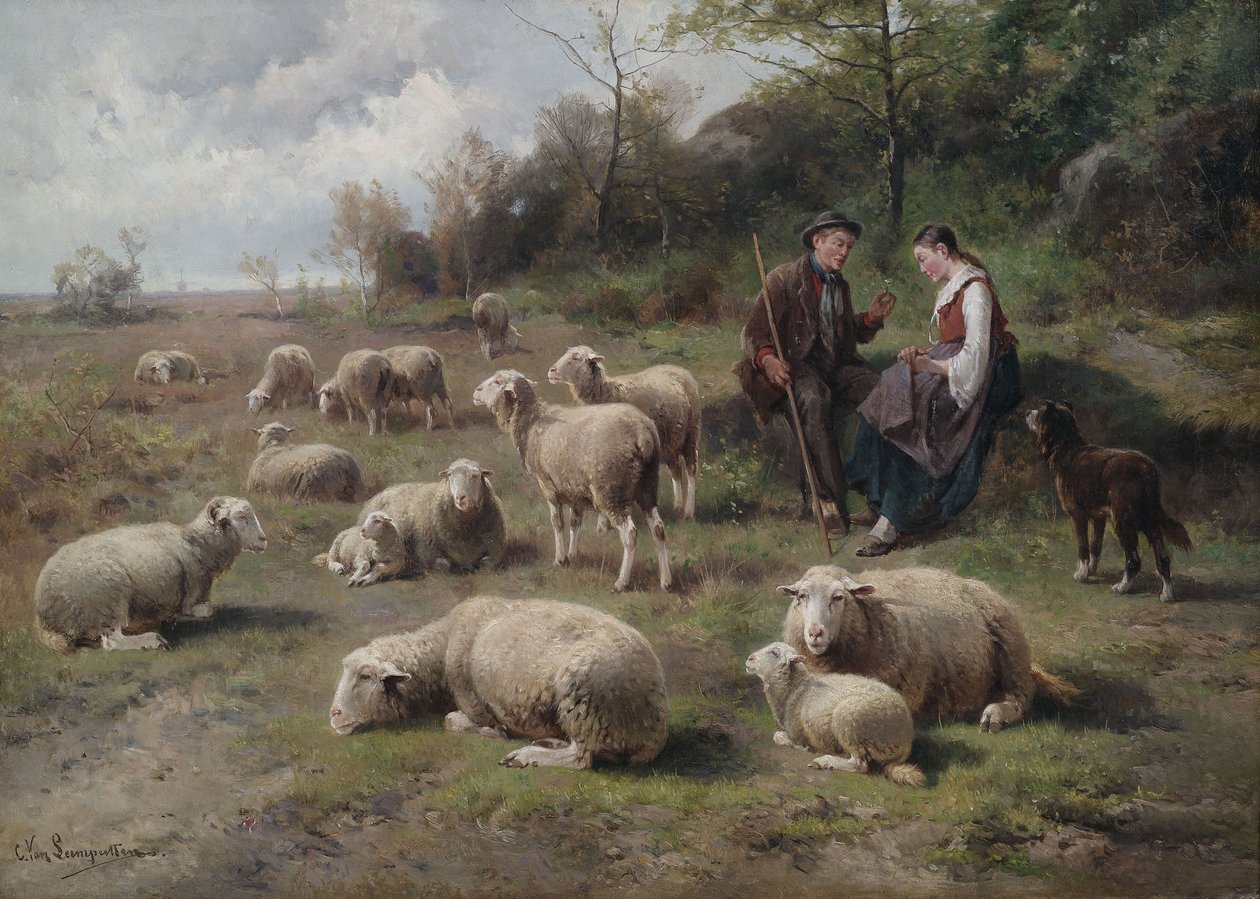 Pastor, par, com, rebanho, em, paisagem pastagem de Cornelis van Leemputten
