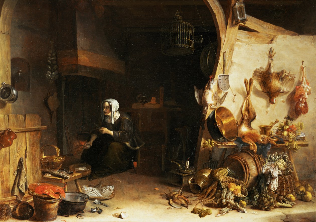 Um, cozinha, interior, com, um, menina servente, cercado, por, utensílios, legumes, e, um, lagosta, ligado, um, prato de Cornelis van Lelienbergh