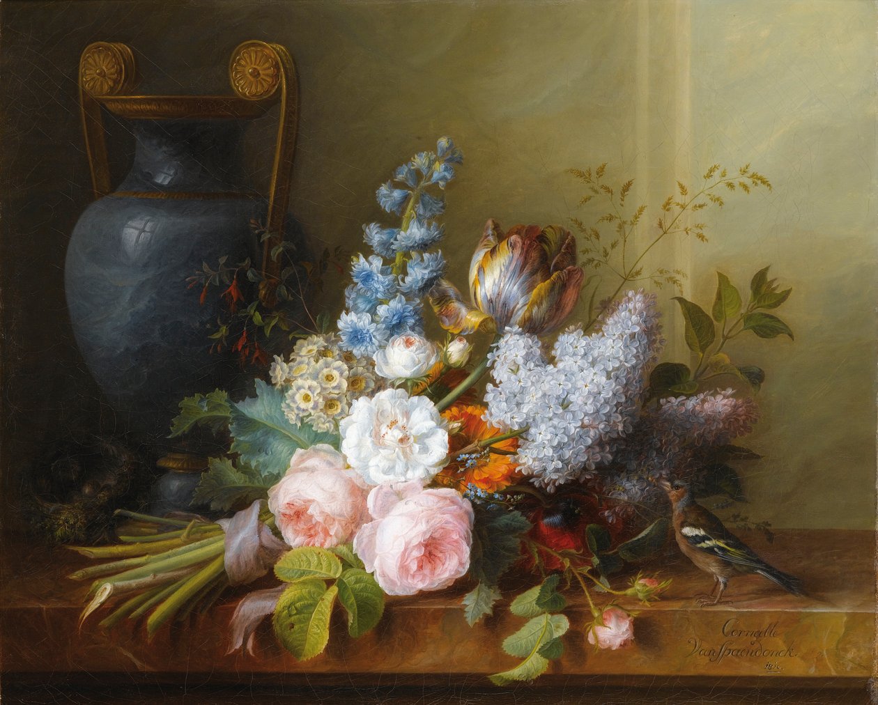 Bando de flor com um ninho de pássaro de Cornelis van Spaendonck