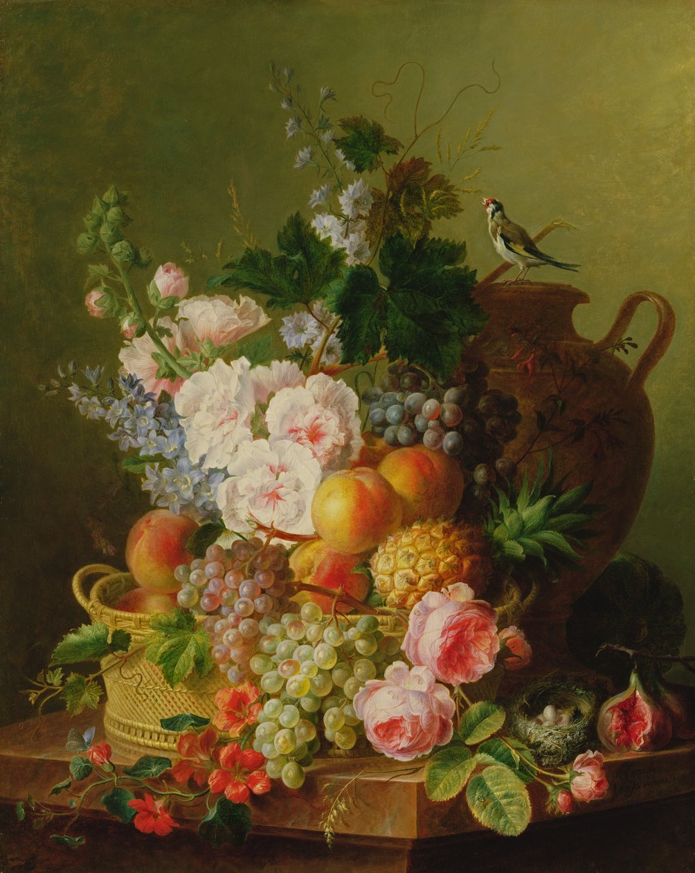 Ainda vida de frutas e flores em uma cesta de vime em uma borda. de Cornelis van Spaendonck