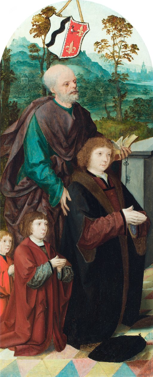 Um doador e seus dois filhos apresentados a São Pedro (óleo o painel) de Cornelis (attr. to) Engelbrechtsz