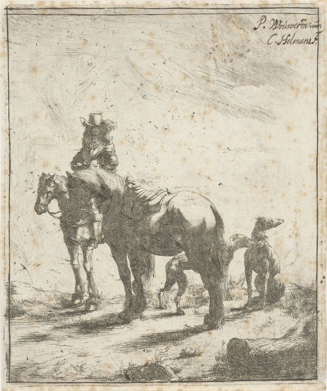 Cavaleiro com dois cavalos e dois cães de Cornelis A. Hellemans