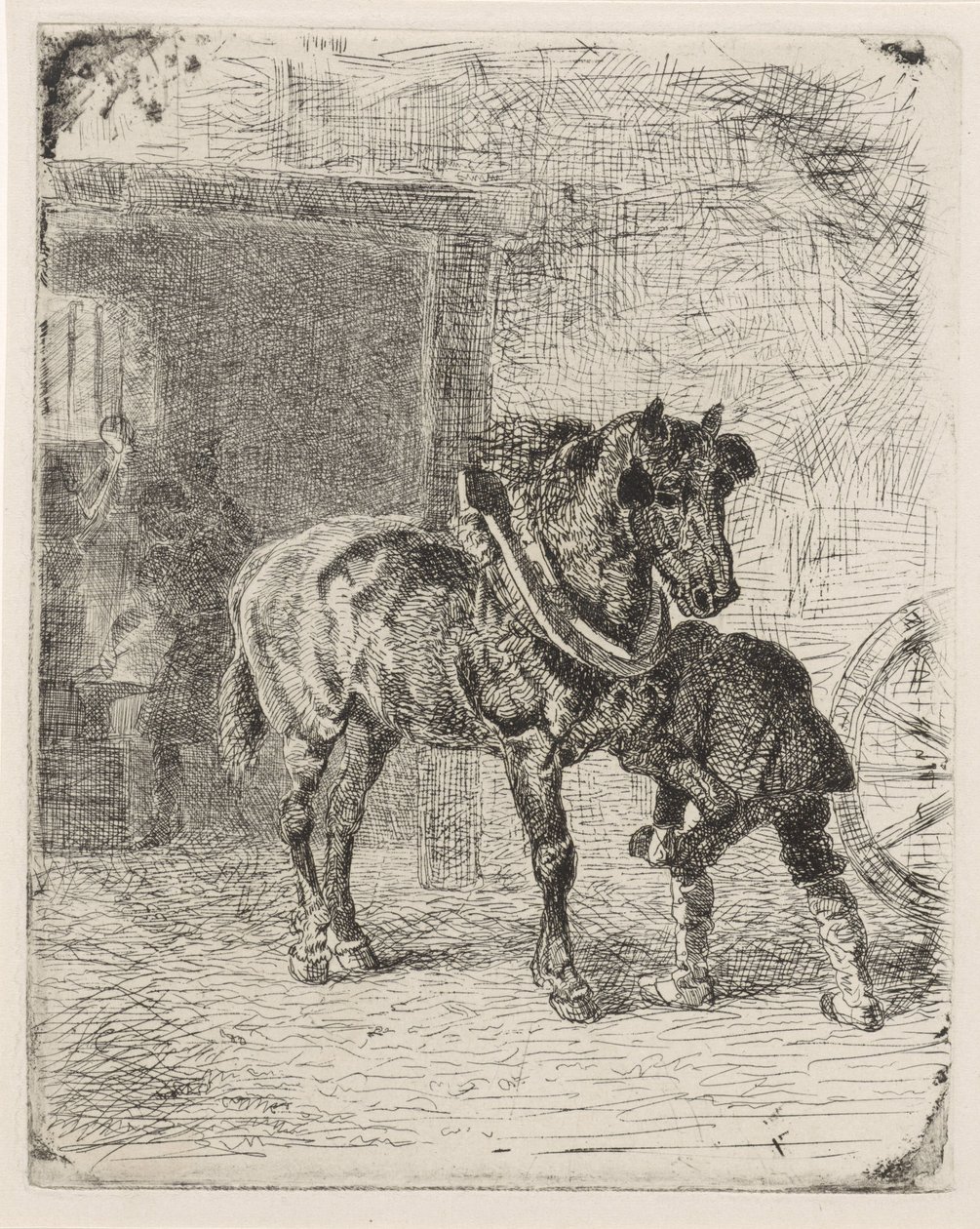Cavalo recebe ferraduras numa forja de Cornelis Albertus Johannes Schermer