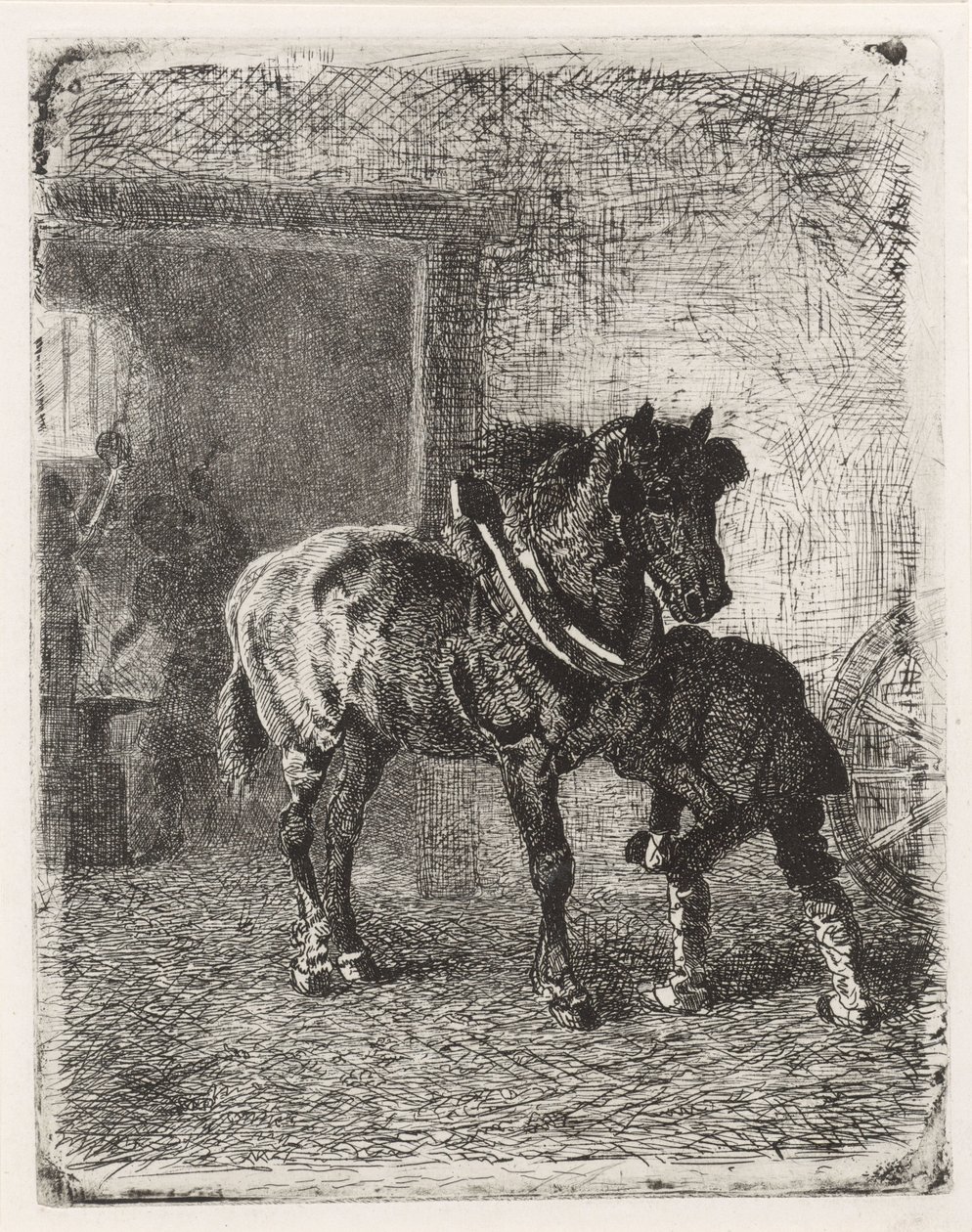 Cavalo recebe ferraduras em uma forja de Cornelis Albertus Johannes Schermer