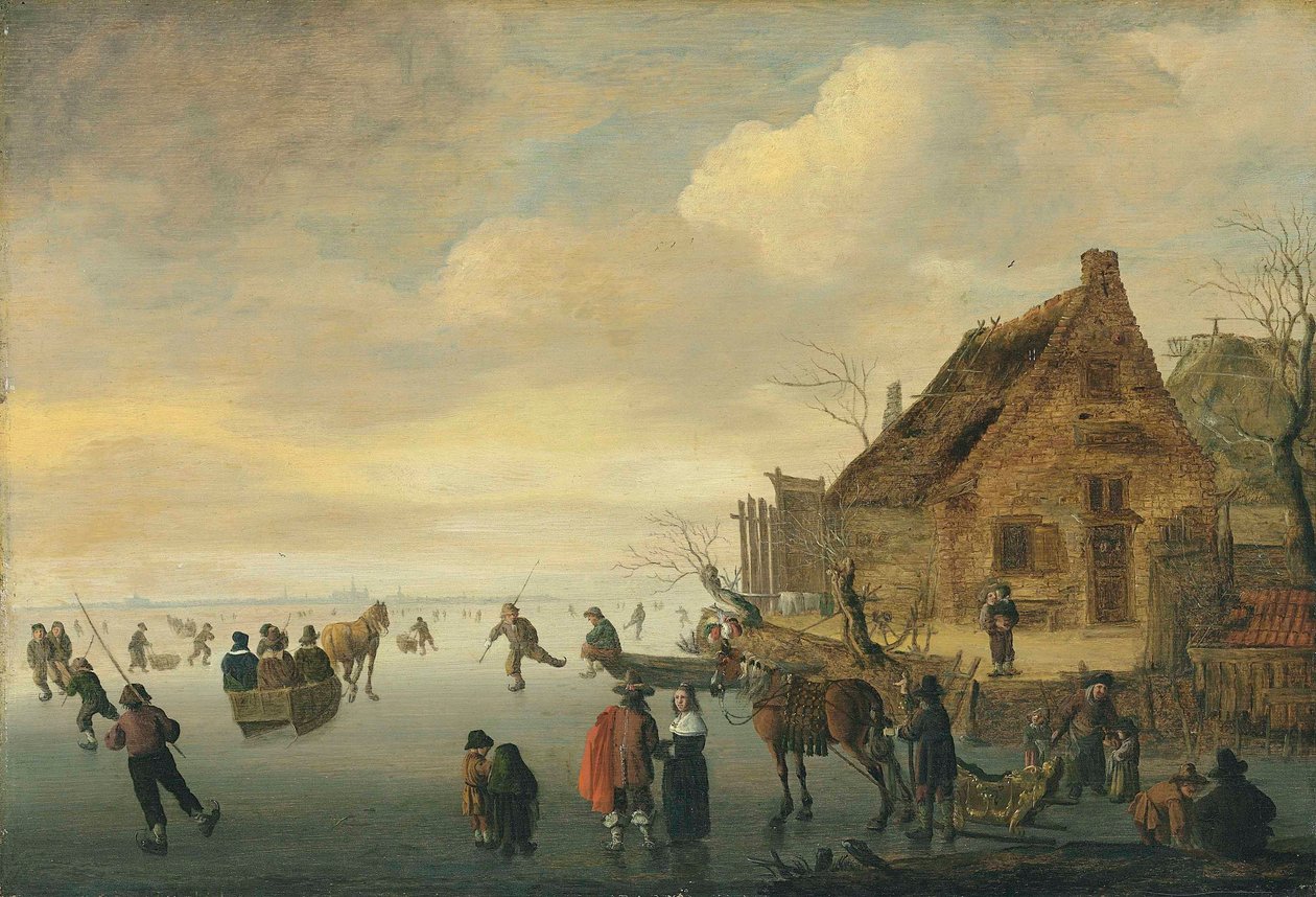 Uma paisagem de inverno com trenós puxados por cavalos e figuras a patinar num lago gelado junto a uma aldeia rural de Cornelis Beelt