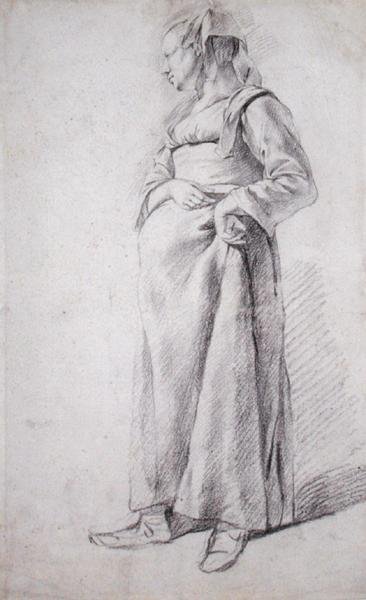 Uma mulher camponesa em pé (giz preto sobre papel) de Cornelis Pietersz Bega