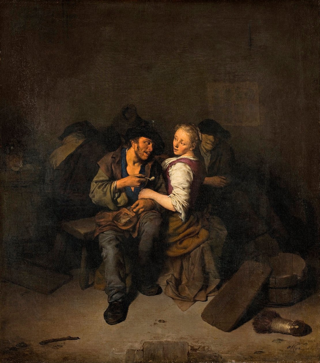 Pintura "Casal Jovem numa Taberna" de Cornelis Pietersz Bega (1631/2-1664) - 1661 - Óleo sobre tela Dim 39x34,5 cm Hallwylska Museet, Estocolmo de Cornelis Pietersz Bega