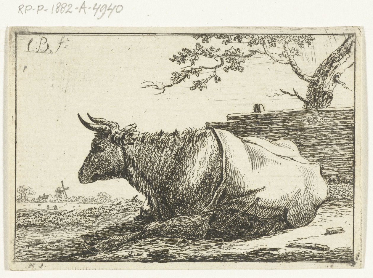 Paisagem com uma vaca deitada com uma capa traseira de Cornelis  Bisschop