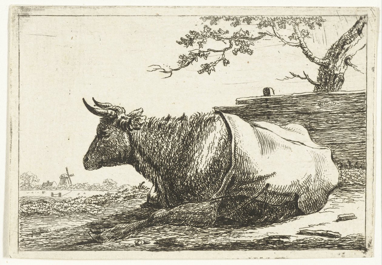Paisagem com uma vaca deitada com uma capa traseira de Cornelis  Bisschop