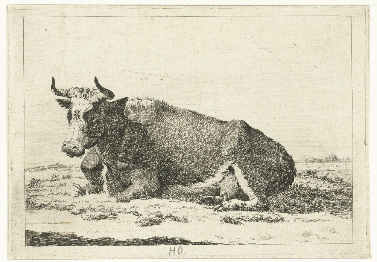 Paisagem com vaca reclinável com chifres
Vacas (título da série) de Cornelis  Bisschop