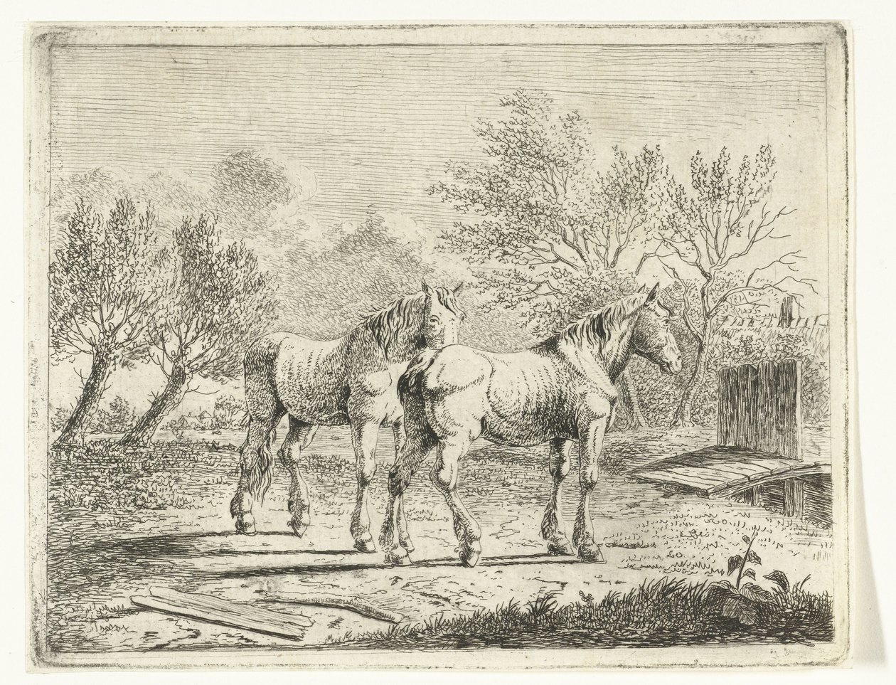 Paisagem de pastagem com dois cavalos perto de uma ponte e fazenda de Cornelis  Bisschop