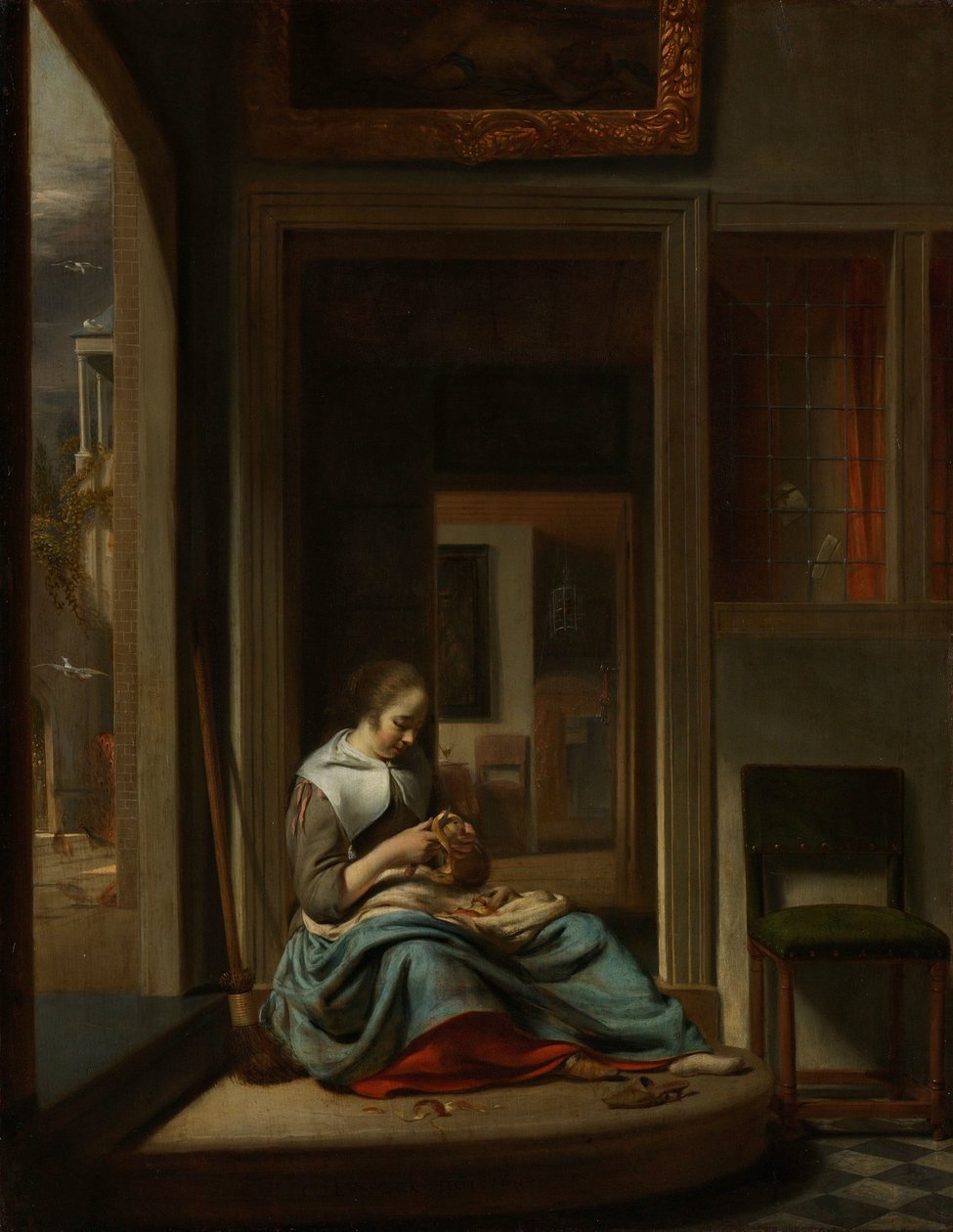 Mulher descascando uma maçã de Cornelis Bisschop