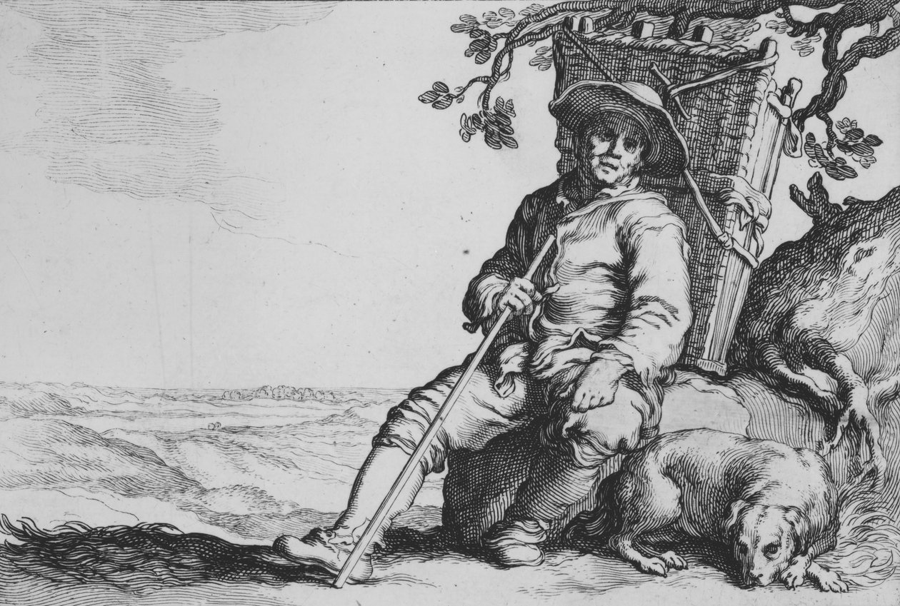Viajante com Cão, da série Dezesseis Assuntos Camponeses, século XVII. de Cornelis Bloemaert