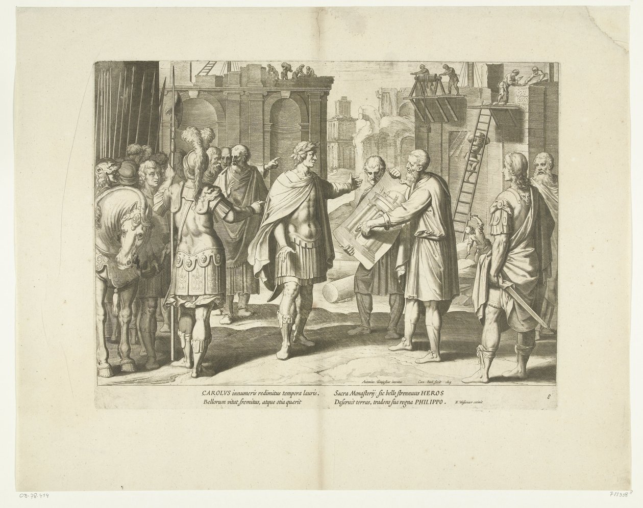Karel V laat een klooster bouwen, 1555, nr. 8 Scenes uit het leven van Karel V (título da série) A vida do imperador Carlos V. em belíssimos entalhes, gravada nos desenhos do famoso A. Tempeste, por dois dos mais hábeis Mestres J. de Gein & de Cornelis Boel