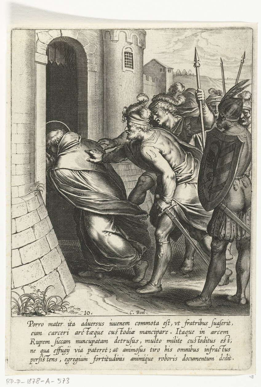 Thomas atravessa o portão da prisão A Vida de São Tomás de Aquino (título da série) de Cornelis Boel