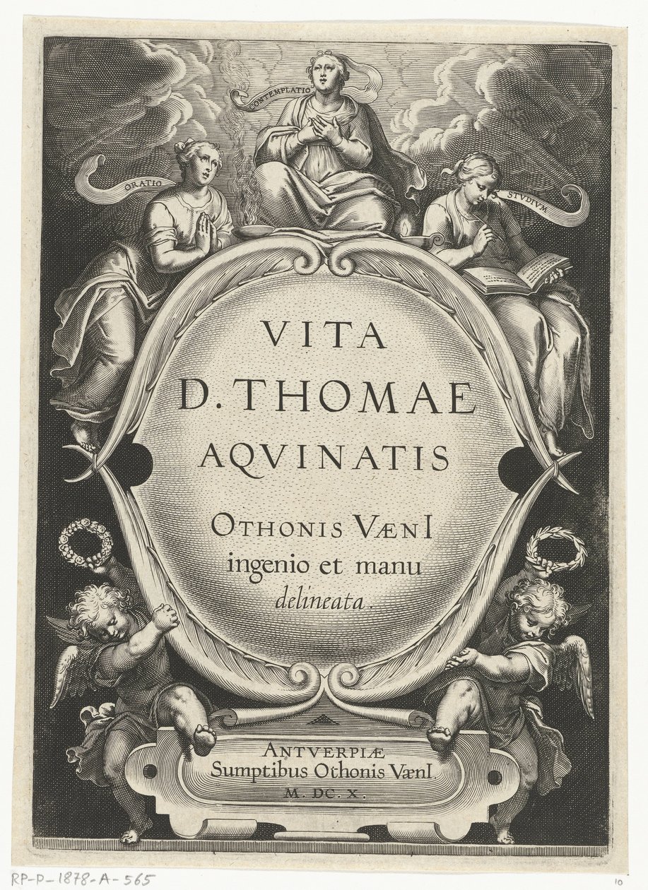 Impressão do título para: Otto van Veen, Vita D. Thomae Aqvinatis, Antuérpia, 1610
A vida de São Tomás de Aquino (título da série) de Cornelis Boel