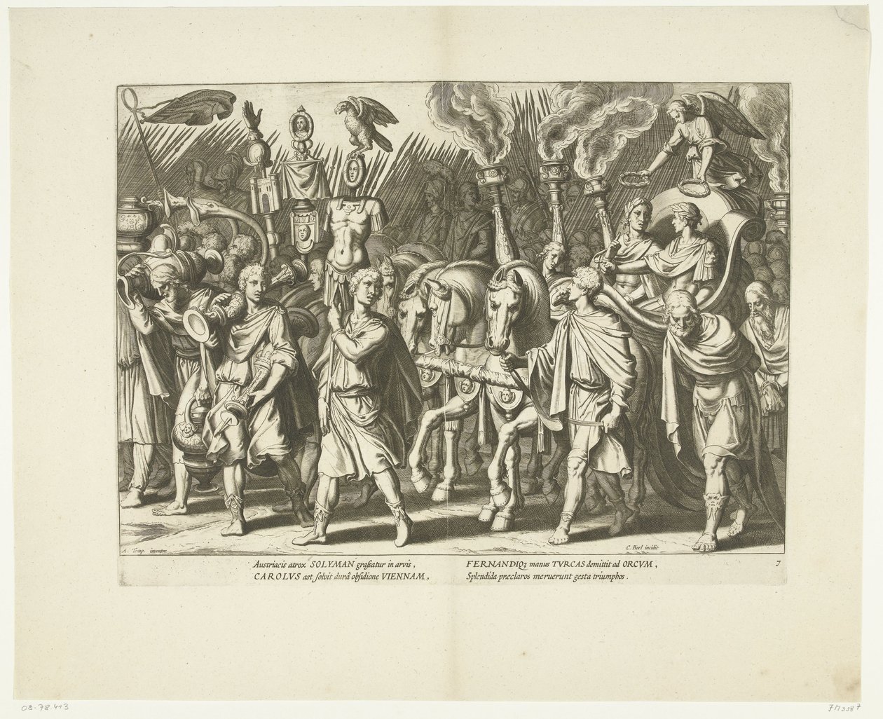 Triomfwagen van Karel V e Ferdinand, na de bevrijding van Wenen van de Turken, ca. 1532, nº. 7 Scenes uit het leven van Karel V (título da série) A vida do imperador Carlos V. em gravuras muito bonitas, gravadas nos desenhos do famoso A. Tempest de Cornelis Boel
