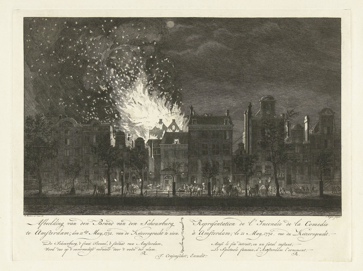 Incêndio no Amsterdamse Schouwburg visto do outro lado do Keizersgracht, 1772 Representação do incêndio do Schouwburg em Amsterdã; 11 de maio de 1772. Do Keizersgracht para ver / Representation de l